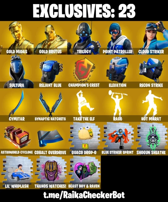 88 skins | Gold Midas | Gold Brutus | Trilogy | Point Patroller | Cloud Striker | Sultura | Peter Griffin | Spectra Knight | Blackheart | Rox |