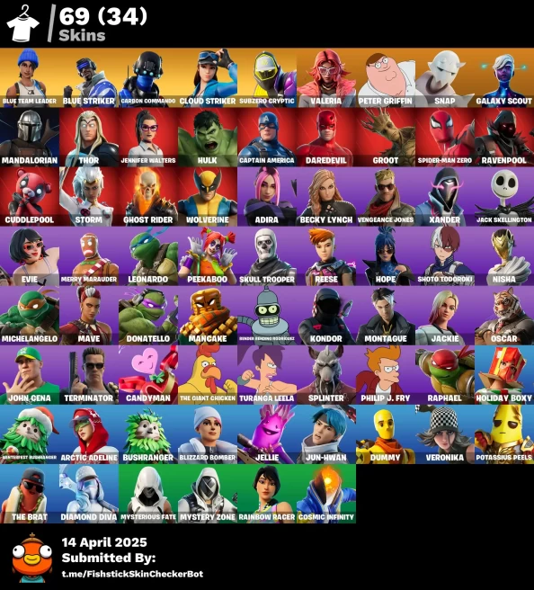 69 skins | Blue Team Leader | Blue Striker | Carbon Commando | Cloud Striker | Subzero Cryptic | Valeria | Peter Griffin | Snap | Galaxy Scout |