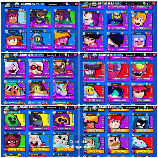 89 BS / 62K Trophies / 47 Max Power / 27 HyperCharge / 220 Skins(2 Mythic ~ 4 Legendary ~ 8 Silver Skins) / 225 Gems