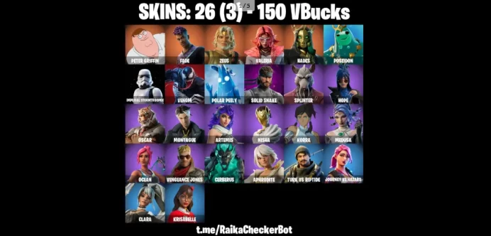 26 Skins PC/PSN/XBOX Peter Griffin Fade Zeus Valeria Hades Poseidon Imperial Stormtrooper Venom Polar Peely Solid Snake