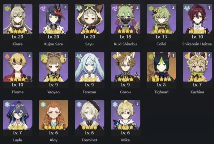 NA | AR 60 | 14 + 3 Leg | Venti C1 | Tighnari C1 | Zhongli | Hu Tao | Raiden | Neuvillette | Kazuha | Mavuika | Ganyu | Nahida | Mona | Keqing |