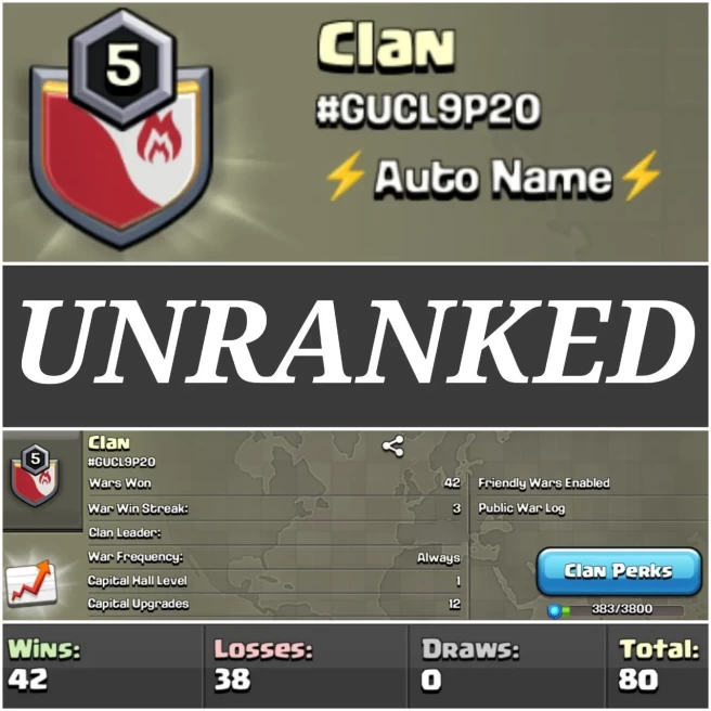 LEVEL - 5 | - CLAN I WAR LOG WIN - 42 : LOSSES - 38 | LEAGUE - UNRANKED | - CC 1 | AMAZING NAME & WAR LOG | INSTANT DELIVERY