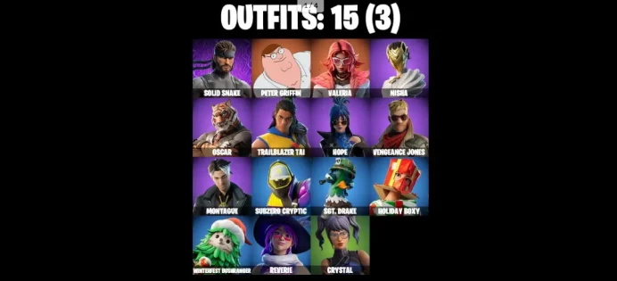15 Skins PC/PSN/XBOX Peter Griffin  Valeria  Solid Snake  Nisha  Hope  Vengeance Jones  Trailblazer Tai  Montague  Oscar 