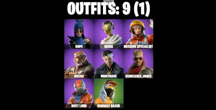 9 SKINS  56 COSMETICS  TAKE THE L  HOPE  NISHA  OSCAR  RUNWAY RACER  SNOWFLAKE  RUST BUCKET  CAN PLAY ON PSN  XBOX  PC  NINTENDO