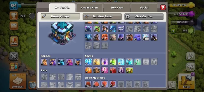 Th 13 / LeveL 134 / Gems 145 / Heroes (38 47 40 14 6) / CN 500 / code 385