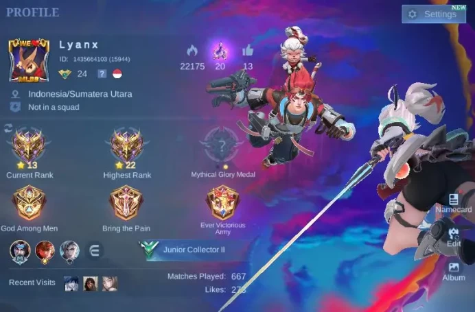 Hero 47 Skin 48|High Rank Mythic 22|Valent Fanny, Dragon tamer (Kimmy & Valir), Venom (GS & Hanabi), etc| Take Email|(MLBB919)
