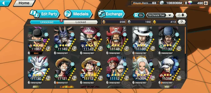 BR490-Android-Hyber 66+490 Diamond+12 Ex(Zoro Full Boost+Kuzan+Lucci+Snake+Roger)+Vip Medal+Support 165%+Many Bounty Festival Max+Strong Account