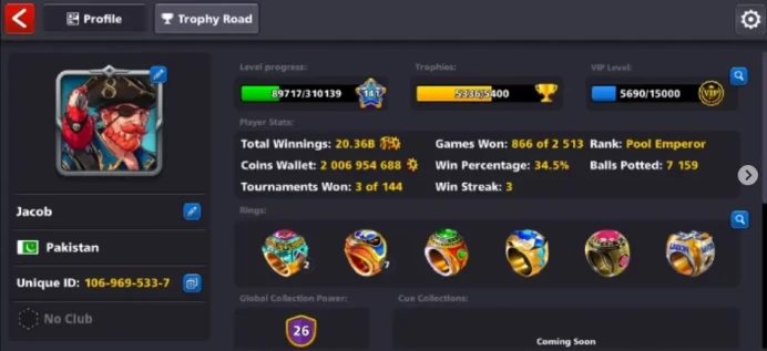 2BILLION + COINS 141 LEVEL 100+CASH millionaire+multi millionaire cue BERLIN TROPHY COMPLETED Final warning account miniclip login