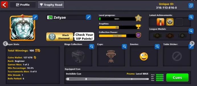 VIP BLACK DIAMOND 4 Cues Level Max 14 Goldenshots Miniclip login