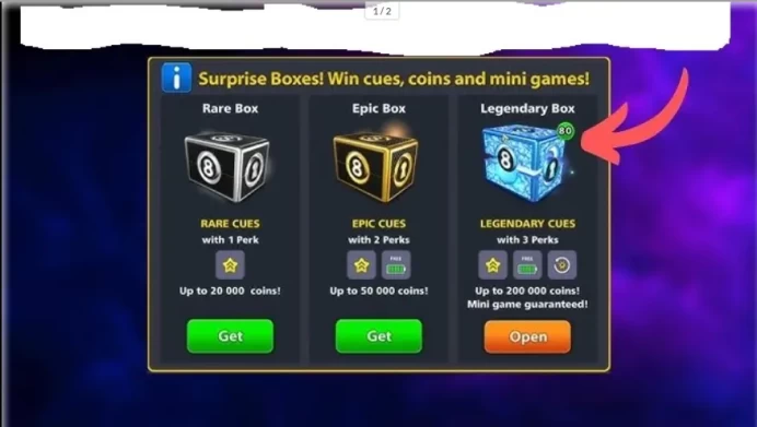 1 Billion Coin 70 Legendary Boxes10+ Legendary Cues will Open 1- 100 level