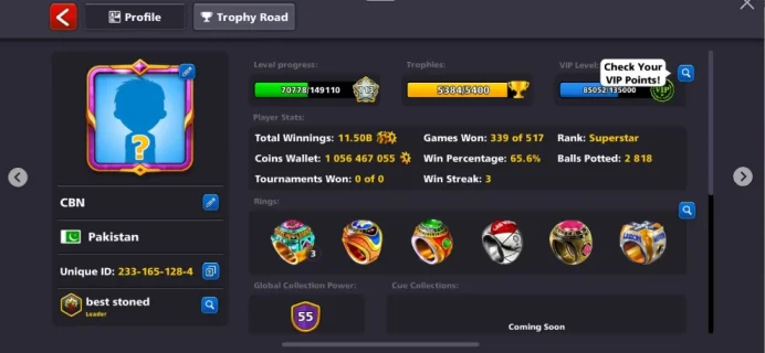 VIP Tier Emerald 1 Billions Coin 17/20 Legendary Cues 4 Maxed Cues