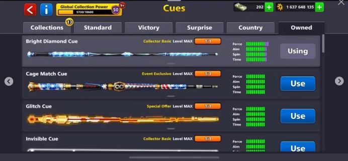 1.6 Billions Coin 6 Maxed Cues 12/20 Legendary Cues 1x Berlin Ring 75 Level 202 Cash