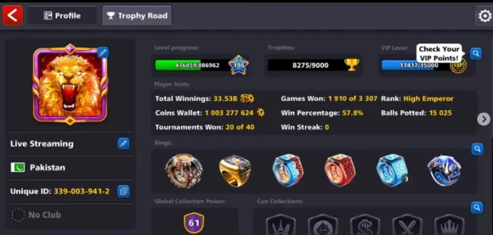1BILLION COINS 6 CUES MAX 15 LEGENDARY CUES 30-40LIMITED EDITION RINGS 61CCP LEVEL 194 GOOD EMOJIS MINICLIP LOGIN PASSWORD CHANGE NOT POSSIBLE