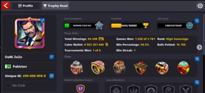 4.9 BILLION COINS GOLDEN UID: 299098999 231 LEVEL 57 CCP VIP DIAMOND 11 LEGENDARY CUES OPEN 3 EVENT CUES MAX VENICE RIN FACEBOOK LINK POSSIBLE