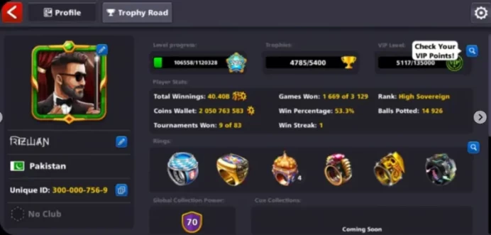 2Billion Coins 20 LEGENDARY CUE 70CCP MANY GOOD EMOJISPool-Pass Cues &Many Other Cues MAXED CASH 1100+LEVEL 200+MINICLIP PASSWORD CHANGE Possibl