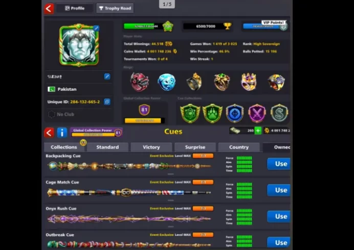81 CCP  4 BILLION COINS  236 LEVEL  MANY CUES COLLECTION  ALL DETAILS IN DESCRIPTION  PASSWORD CHANGEABLE  MINICLIP LOGIN