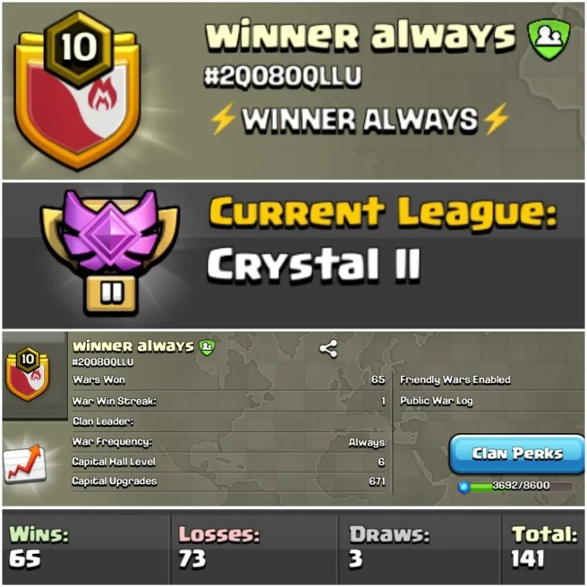 LEVEL- 10 | NAME- WINNER ALWAYS I WAR LOG WIN- 65 : LOSS- 73 | CRYSTAL- 2 | CC- 6 | AMAZING NAME & WAR LOG | INSTANT DELIVERY
