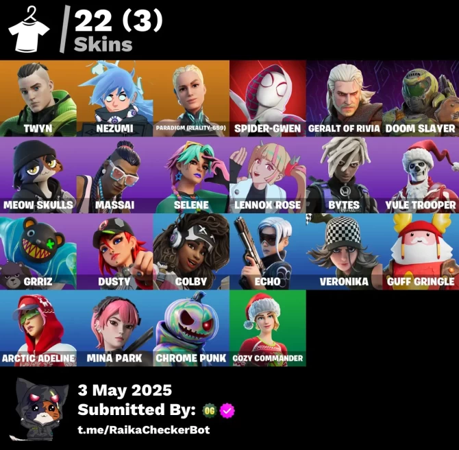 [PC/PSN/XBOX][Instant change mail] 22 skins | Twyn | Nezumi | Paradigm (Reality-659) | Spider-Gwen | Geralt of Rivia | Doom Slayer | Meow Skulls
