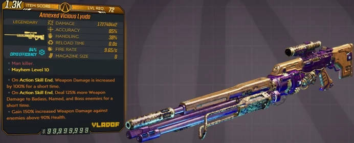 [PC/XB/PS] M10/L72 LYUDA - 1.727.404x2 DMG (84% CRYO EFFICIENCY) - 9.65 FIRE RATE - INFINITE AMMO/NO RELOAD - ANOINTED X3