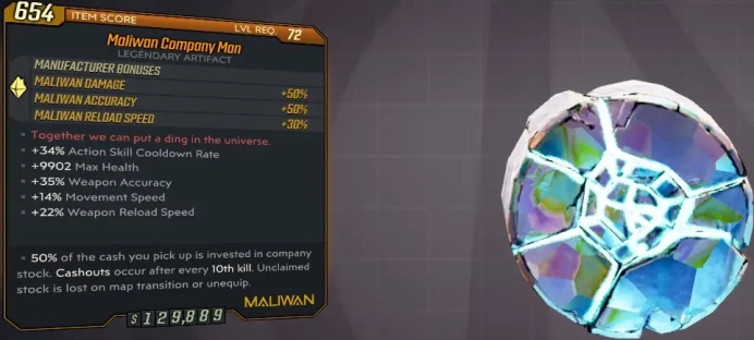 [PC/XB/PS] M10/L72 COMPANY MAN (MALIWAN) - 50% DMG/50% ACC/30% RELOAD - 34% ACD, +9902 HP, 35% ACC, 14% MOVE, 22% RELOAD
