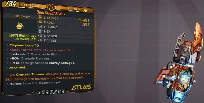 [PC/XB/PS] M10/L72 HEX - 255.611 DMG / 1015 RADIUS (+55K RADIATION DMG) - 3 SPLITS, 30% DMG PER ENEMY, 50% GRND DMG - ANOINTED GRENADE