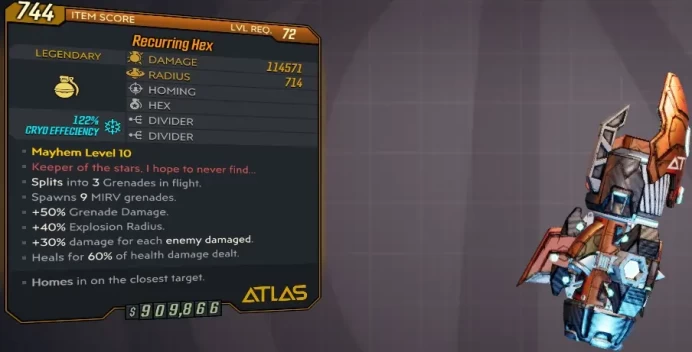 [PC/XB/PS] M10/L72 RECURRING HEX - 114.571 DMG / 714 RADIUS (122% CRYO EFF) - 3 SPLITS,9 MIRV,40% AOE,60% HEAL - INSANE!