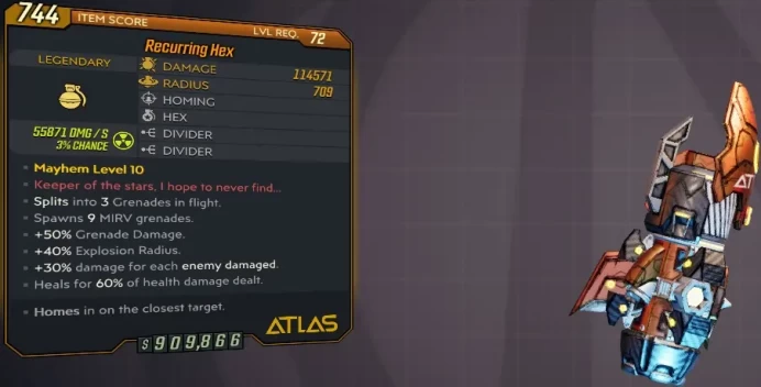 [PC/XB/PS] M10/L72 RECURRING HEX - 114.571 DMG / 709 RADIUS (+55K RADIATION DMG) - 3 SPLITS,9 MIRV,40% AOE,60% HEAL - INSANE!