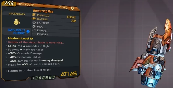 [PC/XB/PS] M10/L72 RECURRING HEX - 114.571 DMG / 709 RADIUS (+55K SHOCK DMG) - 3 SPLITS,9 MIRV,40% AOE,60% HEAL - INSANE!