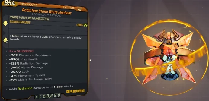 [PC/XB/PS] M10/L72 - WHITE ELEPHANT - 30% ELE RES, +9902 HP, 138% RAD DMG, +799% MELEE, +20 LUCK, 41% MOVE, -39% SHIELD RD