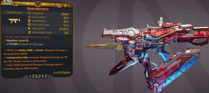[PC/XB/PS] LVL1 BITCH - 20.453 DMG - 79.378% CHD! - 2.1s RELOAD - 24.02 FIRE RATE - 125 MAG SIZE - ANOINTED x3!!!