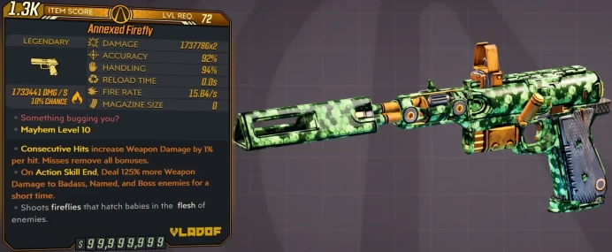 [PC/XB/PS] M10/L72 FIREFLY - 1.737.786x2 DMG (+1.733.441 FIRE DMG) - INF AMMO/NO RELOAD - 15.84 FIRE RATE - ANOINTEDx2