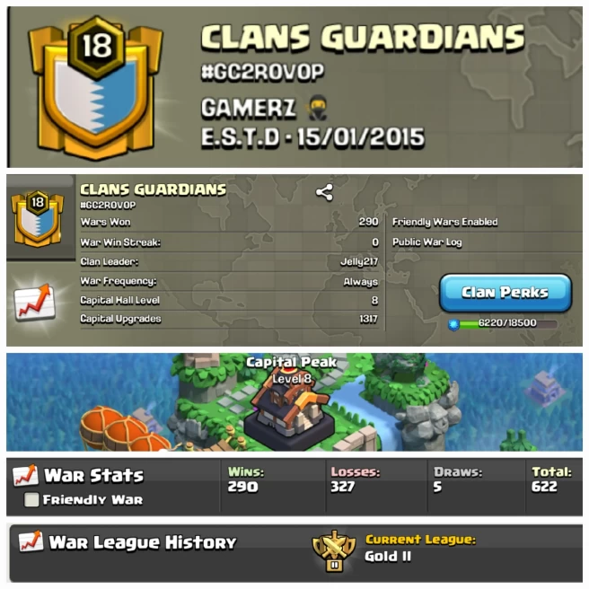 CLANS GURADIANS !! LEVEL 18 !! WIN 290 LOSS 327 !! CAPITAL PEAK 8 !! GOLD LEAUGE 2 !! AFFORDABLE !! FAST DELIVERY 