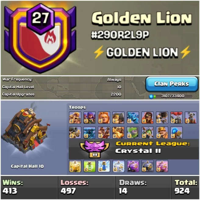 LEVEL- 27 | NAME -  GOLDEN LION I WAR LOG WIN- 413 : LOSS- 497 | CWL- CRYSTAL 2 | CC- 10 | AMAZING NAME & WAR LOG | INSTANT DELIVERY
