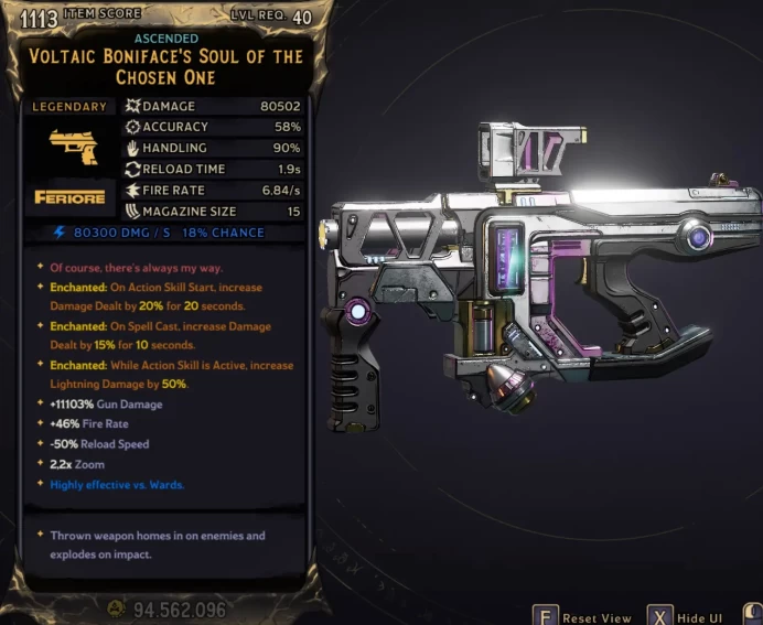 [MODDED] L40 BONIFACE'S SOUL - 80.502 DMG (+80.300 LIGHTNING DMG) - 6.84s FIRE RATE - ENCHANTEDx3!