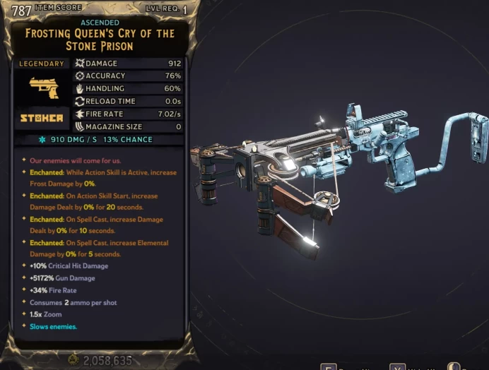 [MODDED] L1 QUEEN'S CRY - 912 DMG (+910/S FROST DMG) - INFINITE AMMO/NO RELOAD - 7.02 FIRE RATE - ENCHANTEDx4!
