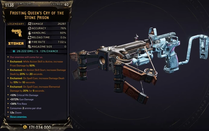 [MODDED] L40 QUEEN'S CRY - 26.287 DMG (+26.222/S FROST DMG) - INFINITE AMMO/NO RELOAD - ENCHANTEDx4