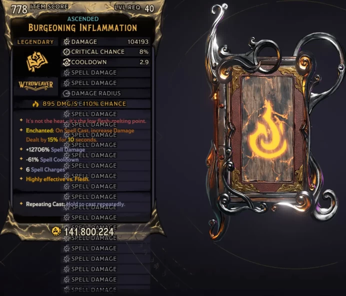 [MODDED] L40 INFLAMMATION - 104.193 DMG - 12706% SPELL DMG - 6 CHARGES - 2.9s COOLDOWN - ENCHANTED SC 15% DMG