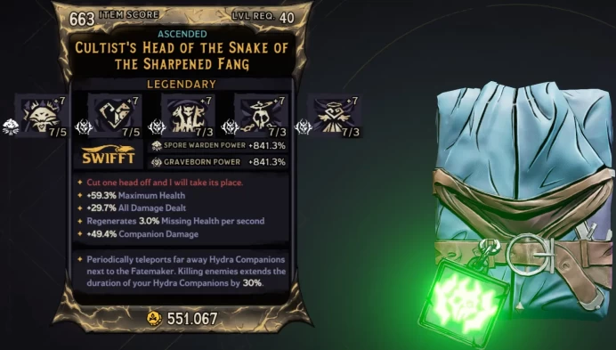[MODDED] L40 HEAD OF THE SNAKE - +7 DARK HYDRA, +7 ASCENSION, +7 MORTAL VESSEL, +7 KINDRED HEART - SPORE PWR 841%, GRAVE PWR 841% - +4 STATS!!!