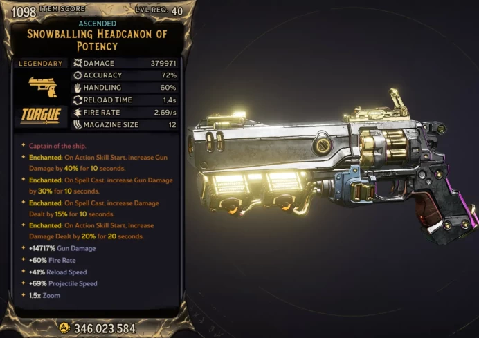 [MODDED] L40 HEADCANON - 379.971 DMG - 2.69 FIRE RATE - 1.4s RELOAD - 12 MAG SIZE - ENCHANTEDx4!!!