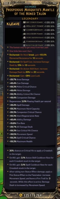 [MODDED] L40 MOSQUITO'S MANTLE (DUAL COOLDOWN ROLL + SELECTIVE AMNESIA) - 1051% ALL CLASS POWER - 14 DIFFERENT STATS - 4 ENCHANTS - BEST ARMOR!!