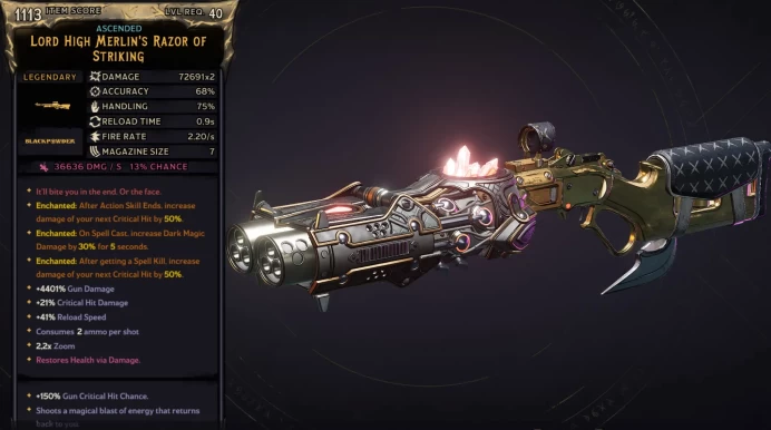 [MODDED] L40 MERLIN'S RAZOR - 72.691x2 DMG (+36.636/S DARK DMG) - 4401% GUN DMG - 0.9S RELOAD - ENCHANTEDx3 - INSANE WEAPON!!!