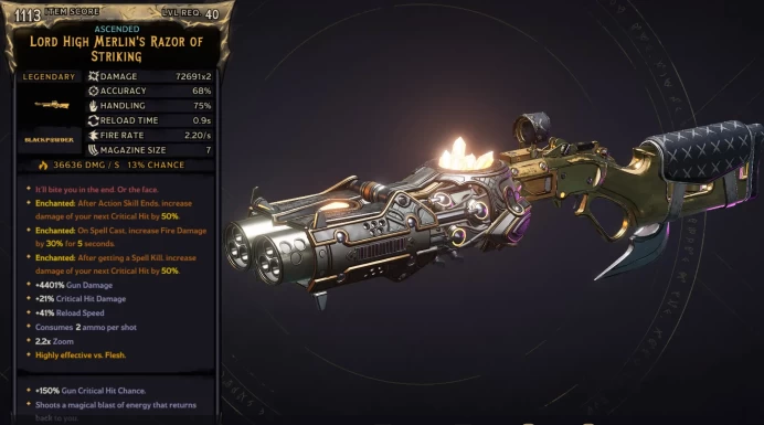 [MODDED] L40 MERLIN'S RAZOR - 72.691x2 DMG (+36.636/S FIRE DMG) - 4401% GUN DMG - 0.9S RELOAD - ENCHANTEDx3 - INSANE WEAPON!!!