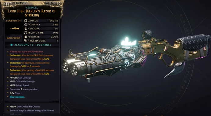 [MODDED] L40 MERLIN'S RAZOR - 72.691x2 DMG (+36.636/S FROST DMG) - 4401% GUN DMG - 0.9S RELOAD - ENCHANTEDx3 - INSANE WEAPON!!!
