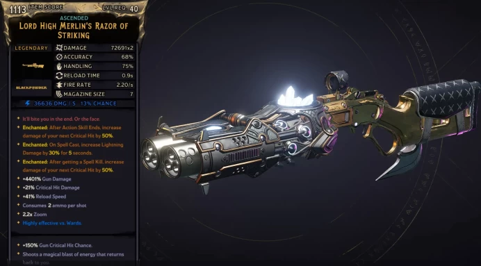 [MODDED] L40 MERLIN'S RAZOR - 72.691x2 DMG (+36.636/S LIGHTNING DMG) - 4401% GUN DMG - 0.9S RELOAD - ENCHANTEDx3 - INSANE WEAPON!!!