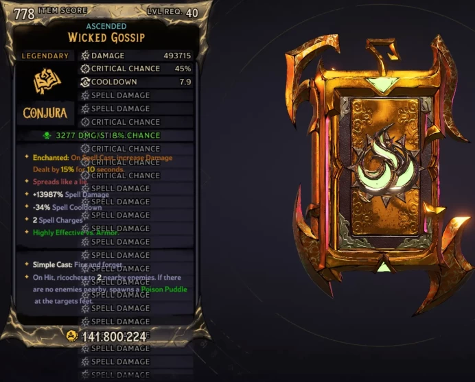 [MODDED] L40 WICKED GOSSIP - 493.715 DMG (+3277/S POISON DMG) - 45% CRIT CHANCE - 7.9S COOLDOWN - ENCHANTED!