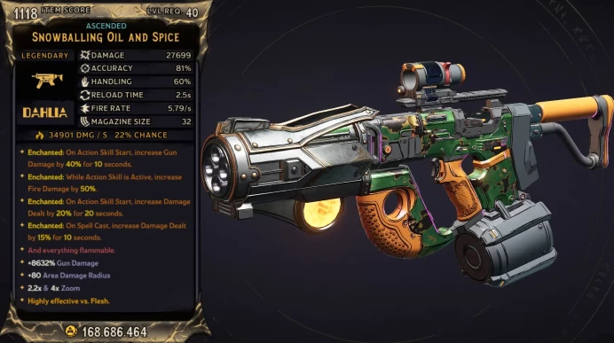 [MODDED] L40 OIL AND SPICE - 27.699 DMG (+34.901/S FIRE DMG!) - BIG MAG SIZE - ENCHANTEDx4 - SICK!!!