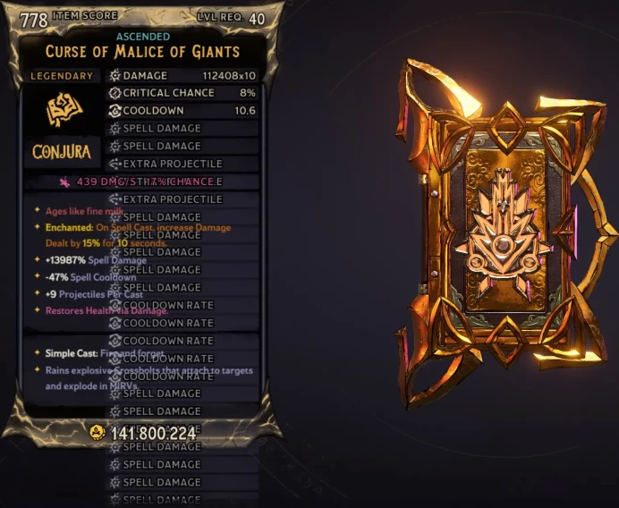[MODDED] L40 CURSE OF MALICE - 112.408x10 DMG (+DARK DMG) - 13.987% SPELL DMG - 10 PROJECTILES - 10.6S COOLDOWN - ENCHANTED