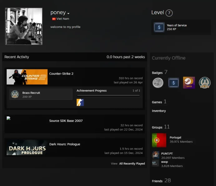 CS2 Prime 310 hours+4Medals(2024 Service Medal/Premier Season One Medal/5 Year Veteran Coin/Global Offensive Badge)