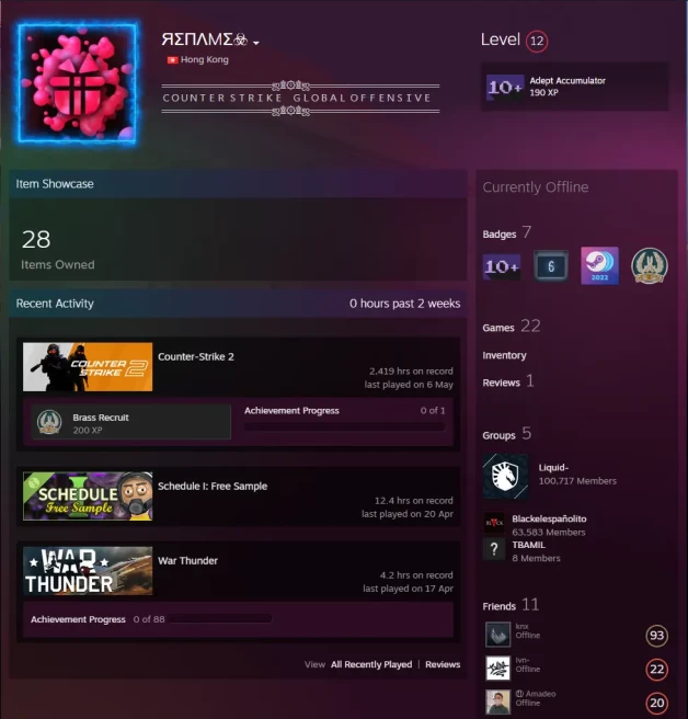 22Game-CS2 Prime+7Medals(Gold Operation Shattered Web Coin/2019-2020-2021-2022 Service Medal/5Y/Global Offensive Badge)