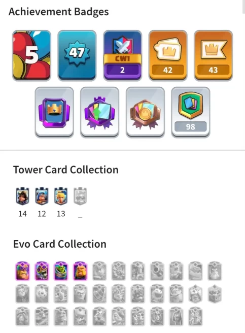 CR LVL 47 | KT 14 | LVL14 CARD 17 (ELITE 3) | EVO 4 | EMOTE 42 | BATTLE WONS 3441 | TROPHY 7613 | ARENA 20 | INSTANT DELIVERY